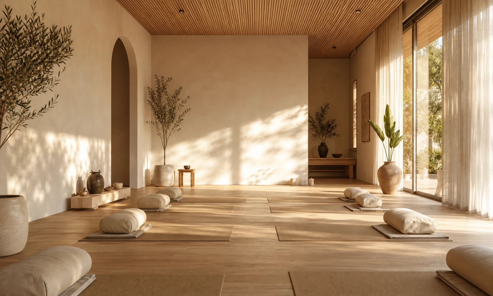Studio yoga luminoso con legno caldo e pareti color avorio