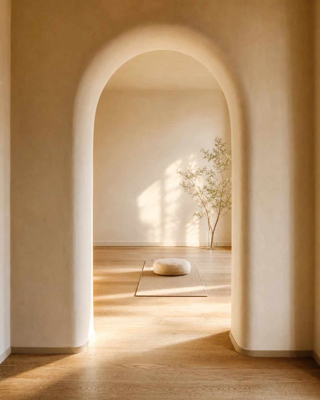 Ingresso ad arco di uno studio yoga avvolto dalla luce